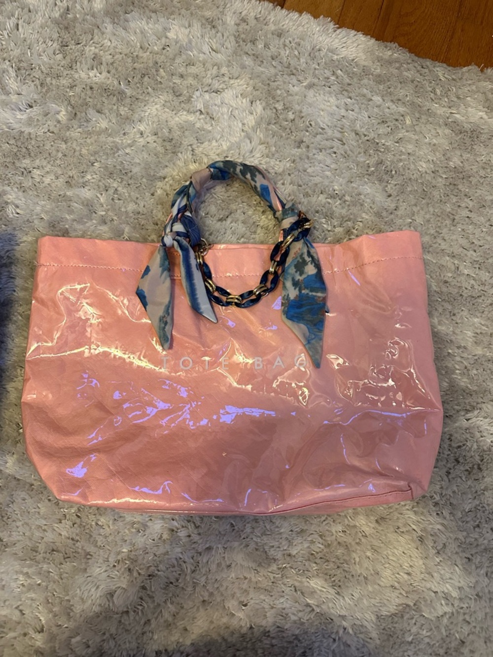 Pink AND Black Glossy Tote Bag with Scarf-Wrapped Handles